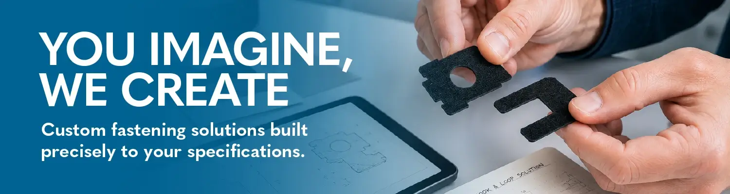 Engineer reviewing custom die-cut hook and loop prototypes alongside CAD designs during product development and manufacturing.