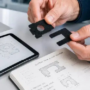 Crop of Engineer reviewing custom die-cut hook and loop prototypes alongside CAD designs during product development and manufacturing.
