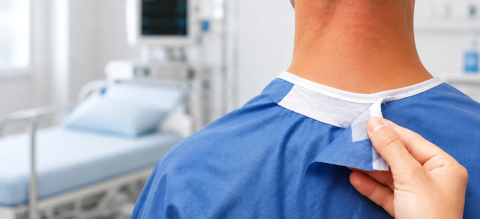 Healthcare professional fastening the neck closure of a disposable surgical gown in a modern hospital environment, illustrating HALCO's sterilizable, skin-friendly hook and loop closures for single-use medical devices and wearable biosensors.